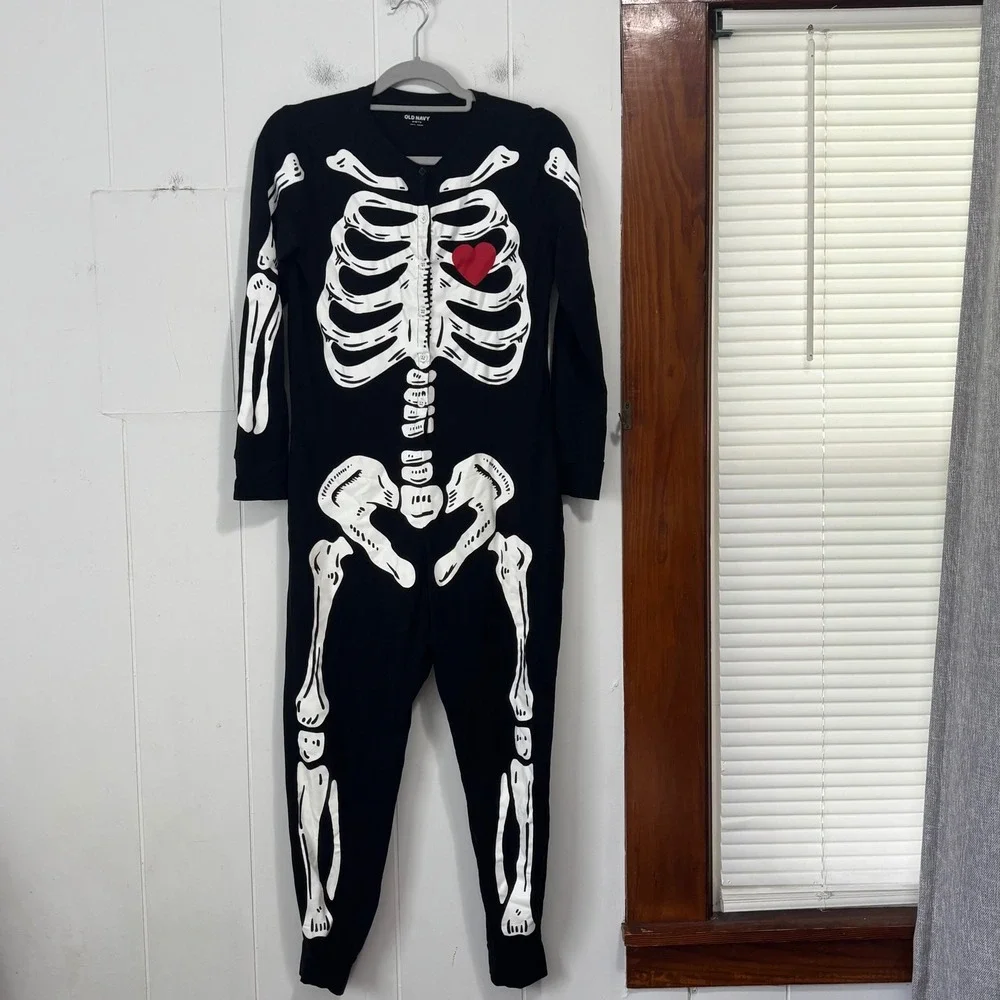 Old Navy Skeleton Heart Union Suit Pajamas Black White Women M Petite Halloween